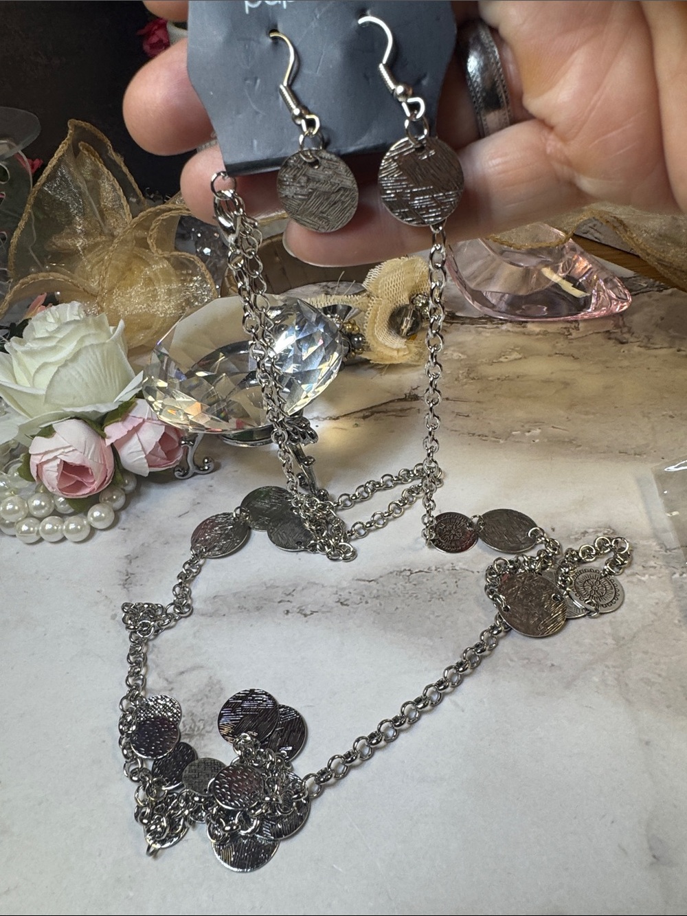 Silver Coin Charm Long Necklace - Dainty Long Chain - Picture 2 of 3